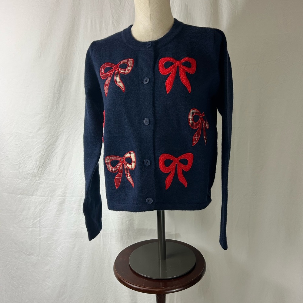 Women’s BoutiqueNavy Blue Cardigan with Red Bow Accents Size M NEW
